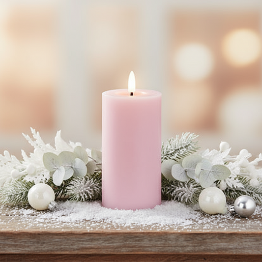 A pink LED wick flat top candle with a warm white light at its top, against a grey background.