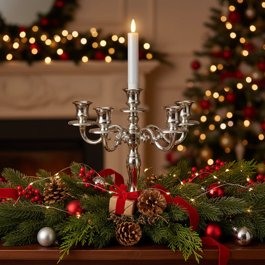 A single silver LED wick flat top wax dinner candle with a warm white light, designed to fit in candelabras or candle stick holders.