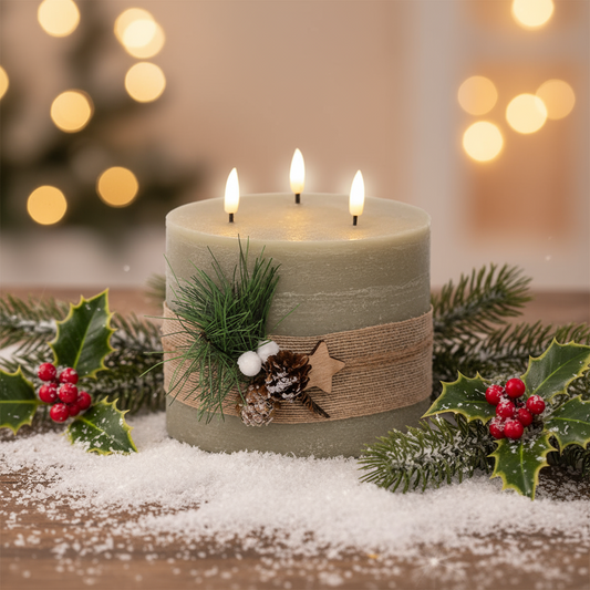 Decorative candle with festive elements on a wooden surface with blurred lights in the background