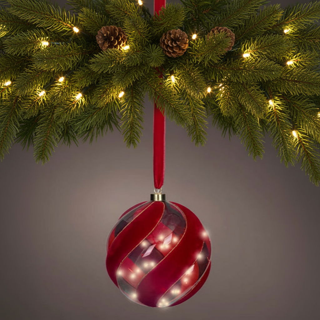 Red and silver Christmas ornament hanging from a decorated tree branch with lights and pine cones.