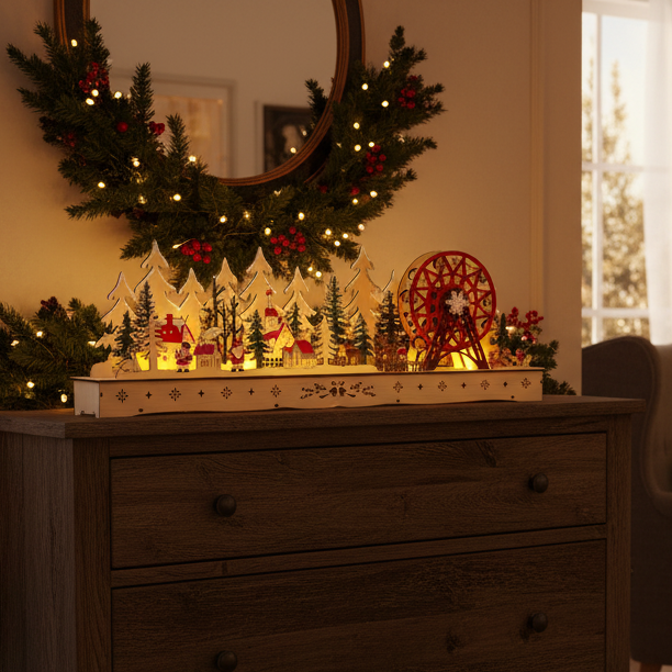 Wooden Christmas Village Scene with Ferris Wheel