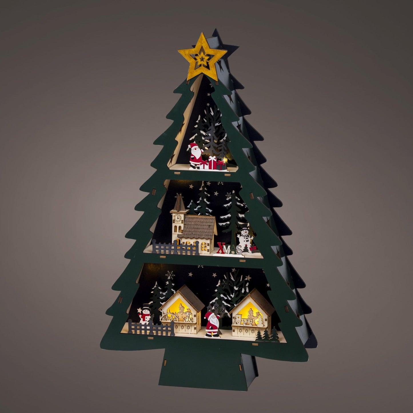 Wooden Christmas Tree Lit Village Scene 55cm
