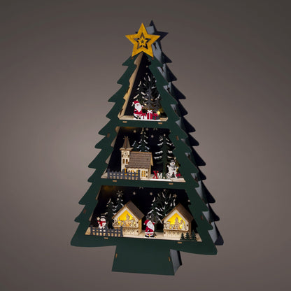 Wooden Christmas Tree Lit Village Scene 55cm