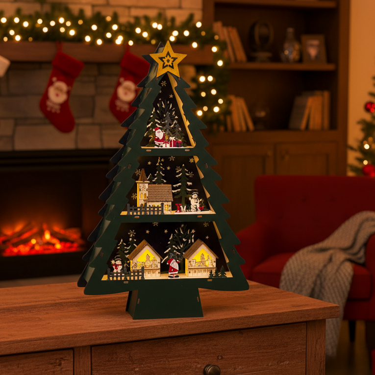 Wooden Christmas Tree Lit Village Scene 55cm