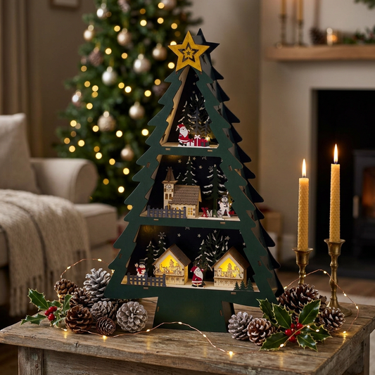 Wooden Christmas Tree Lit Village Scene 55cm