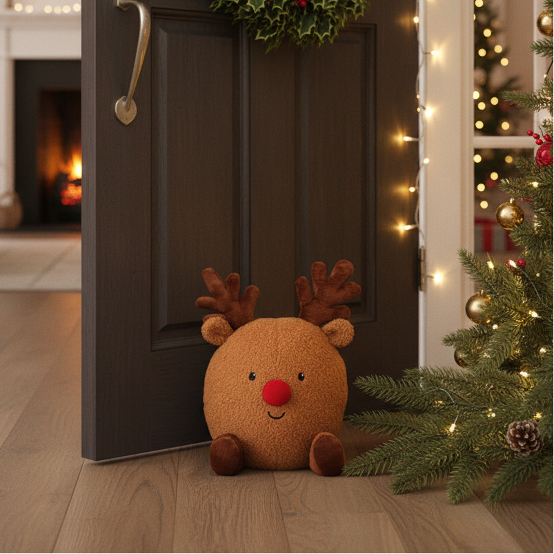A round brown plush reindeer door stopper with a red nose and embroidered face sits on a wooden floor in front of an open dark door, with Christmas tree branches and warm string lights visible around it.