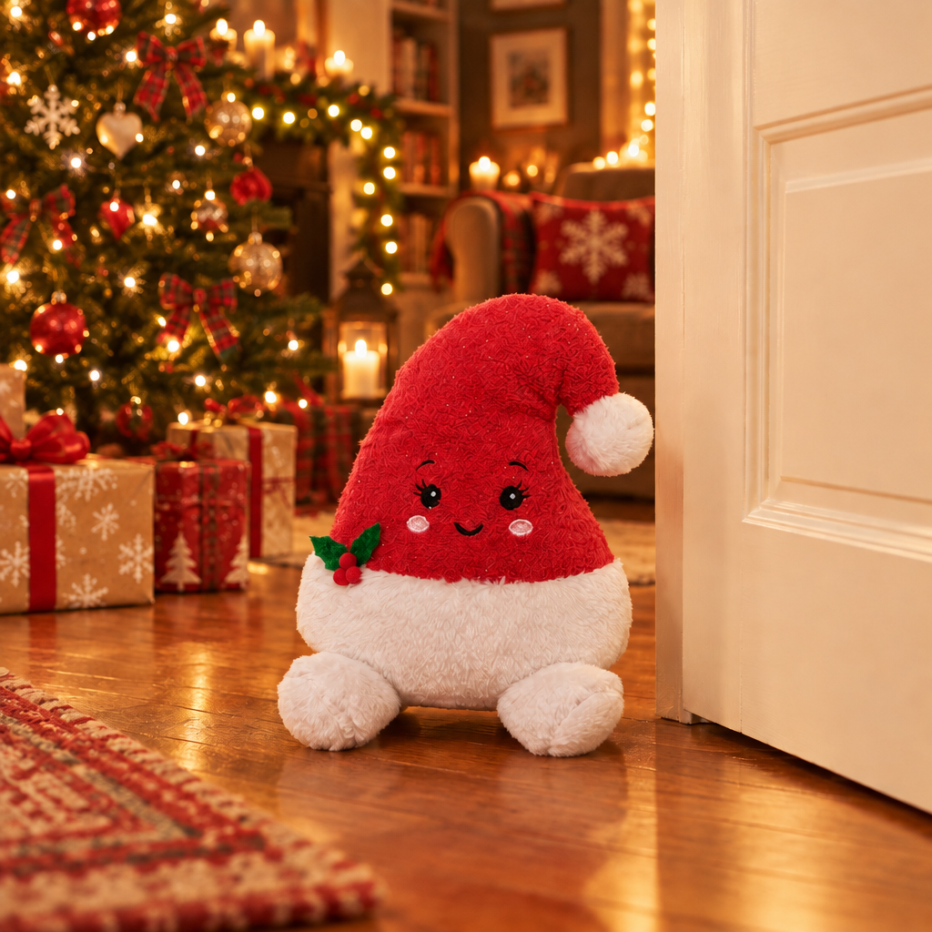 A cute plush Santa hat door stop with a smiling face and small holly accent, sitting on a wooden floor in a cosy, warmly lit Christmas living room with a decorated tree and wrapped gifts in the background.