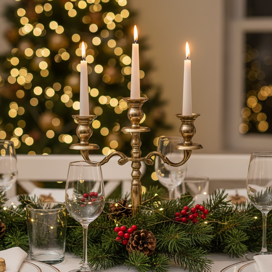 A three-arm brass candelabra with lit white taper candles sits on a decorated holiday table runner with pine branches, red berries, and glassware, with a blurred Christmas tree in the background.
