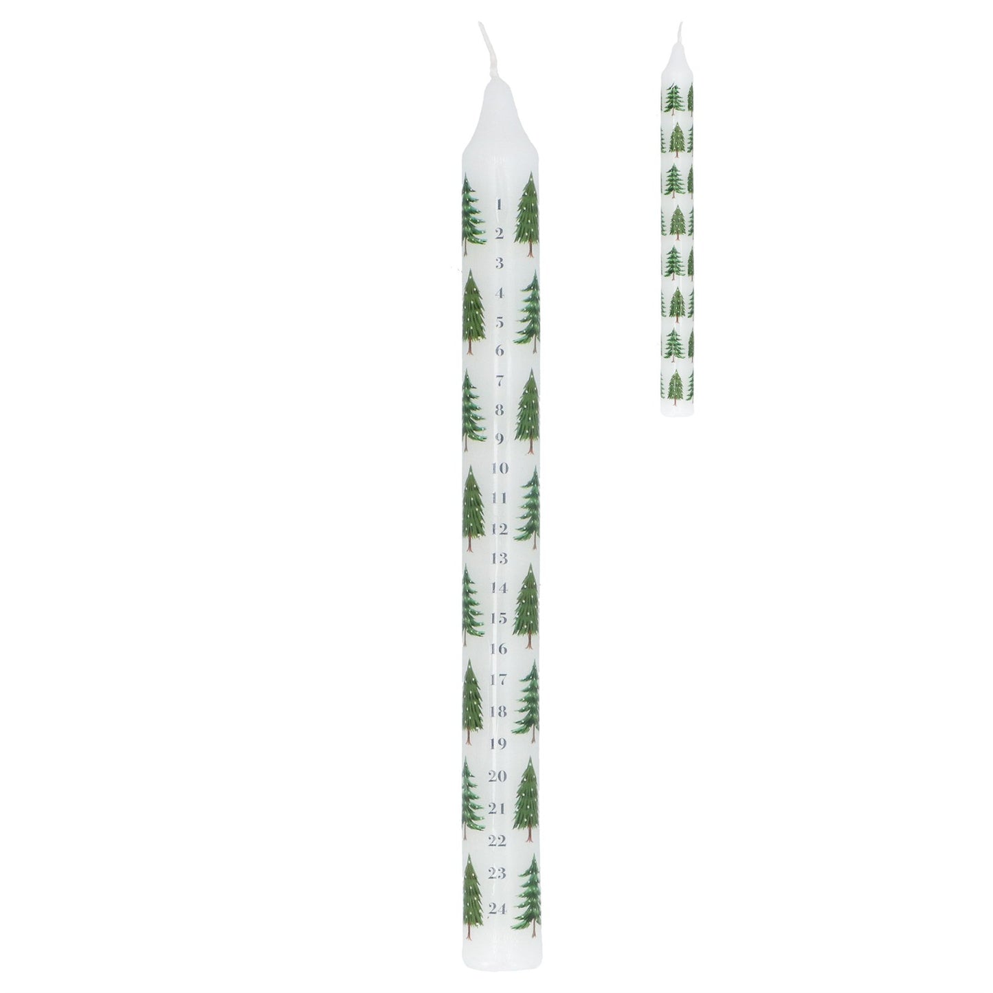 Two white candles with green tree pattern on a white background