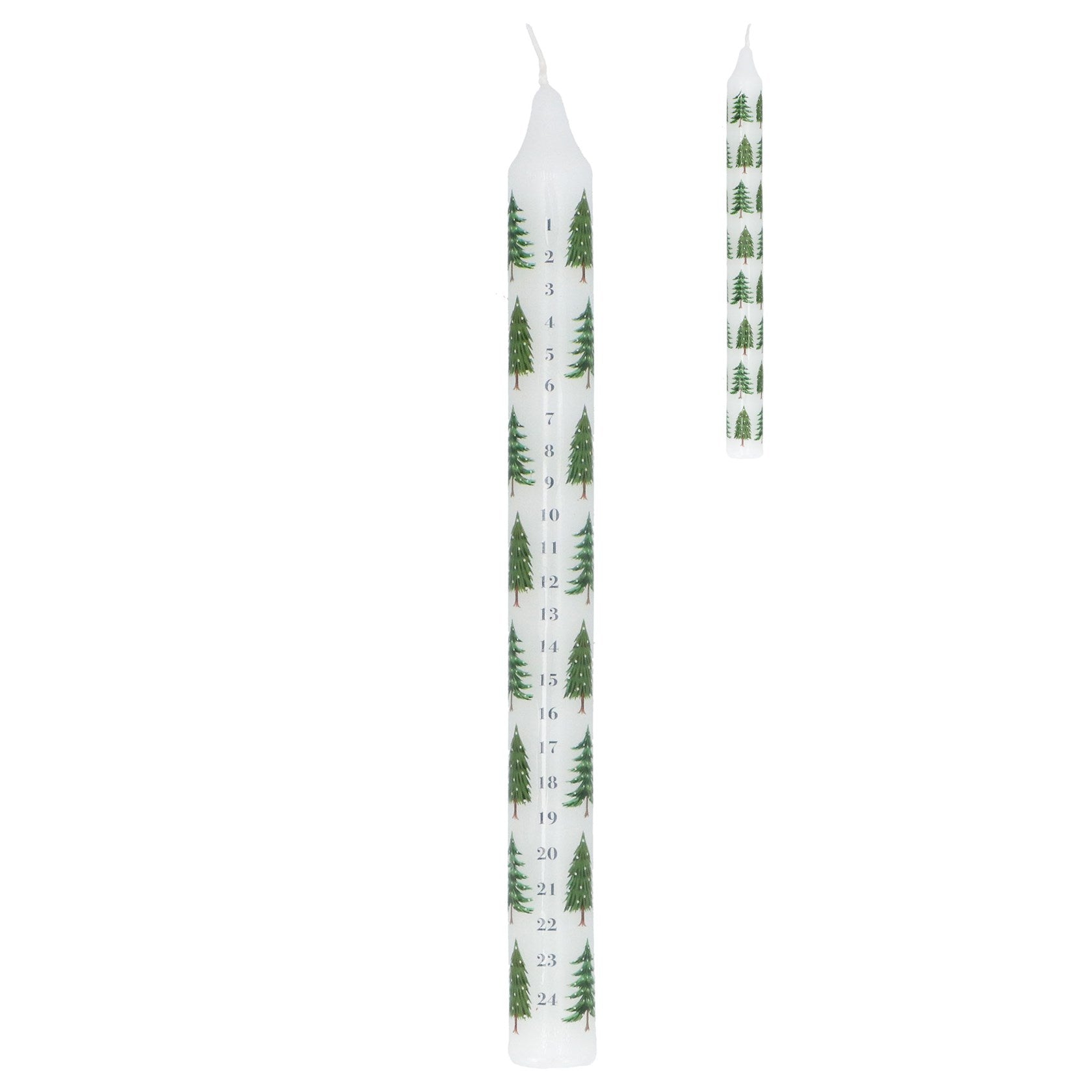 Two white candles with green tree pattern on a white background
