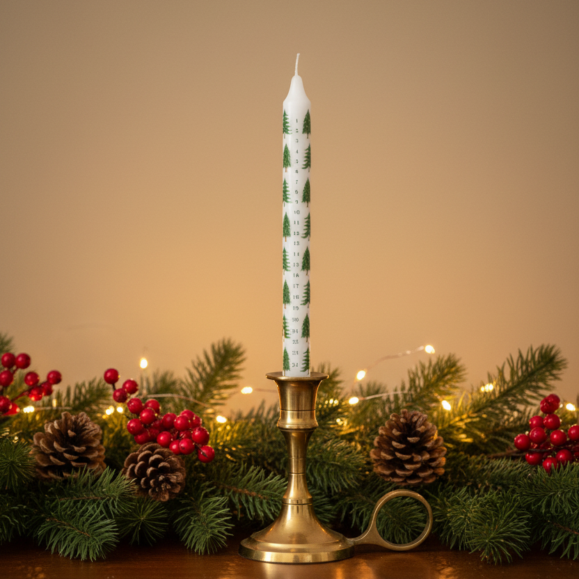 A tall white taper candle with a green Christmas tree pattern stands upright in a brass candlestick holder, set against a warm beige background with pine branches, red berries, and string lights in the foreground.