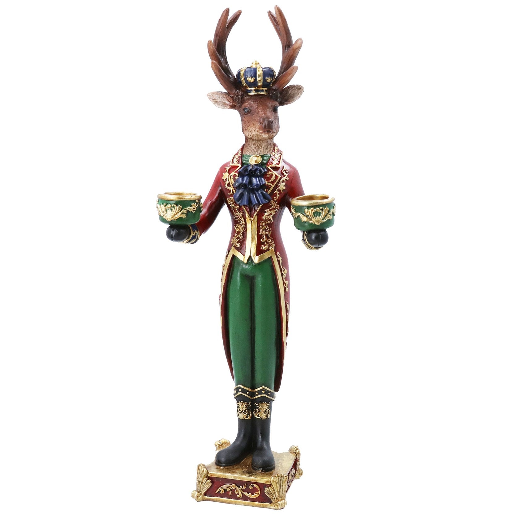 A decorative stag figurine dressed in an ornate military-style coat and green trousers, holding two gold bowls as candle holders shown on a plain white background.