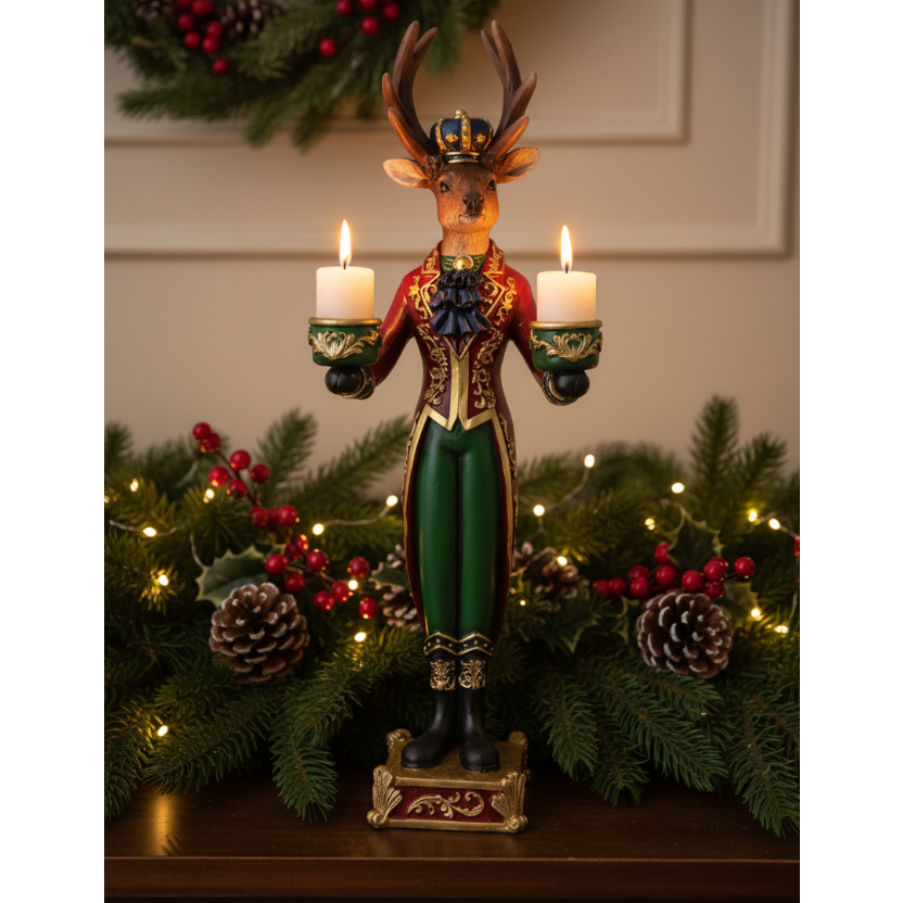 A festive Christmas stag candle holder figurine standing on a base, holding two lit white candles. The stag is dressed in a red and green military-style uniform with gold trim and a small gold crown.