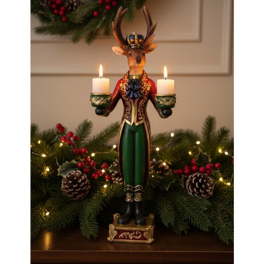 A festive Christmas stag candle holder figurine standing on a base, holding two lit white candles. The stag is dressed in a red and green military-style uniform with gold trim and a small gold crown.