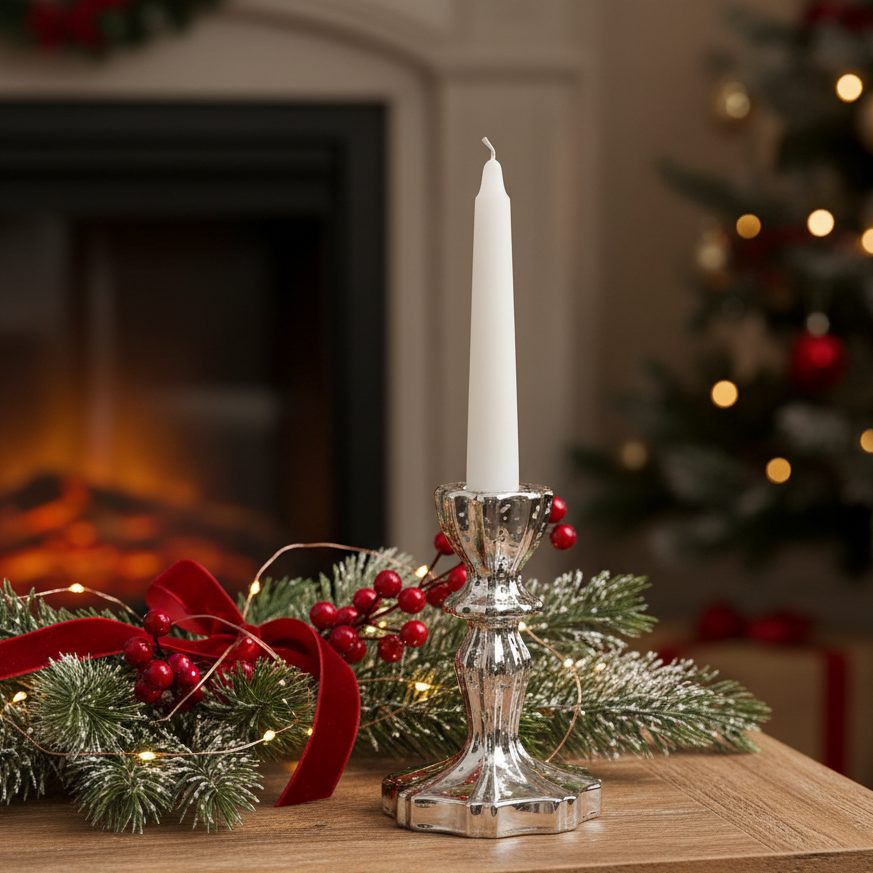 A silver-toned glass candlestick holder with a single white taper candle, styled on a wooden table with holiday greenery, red berries, and a warm fireplace in the background.