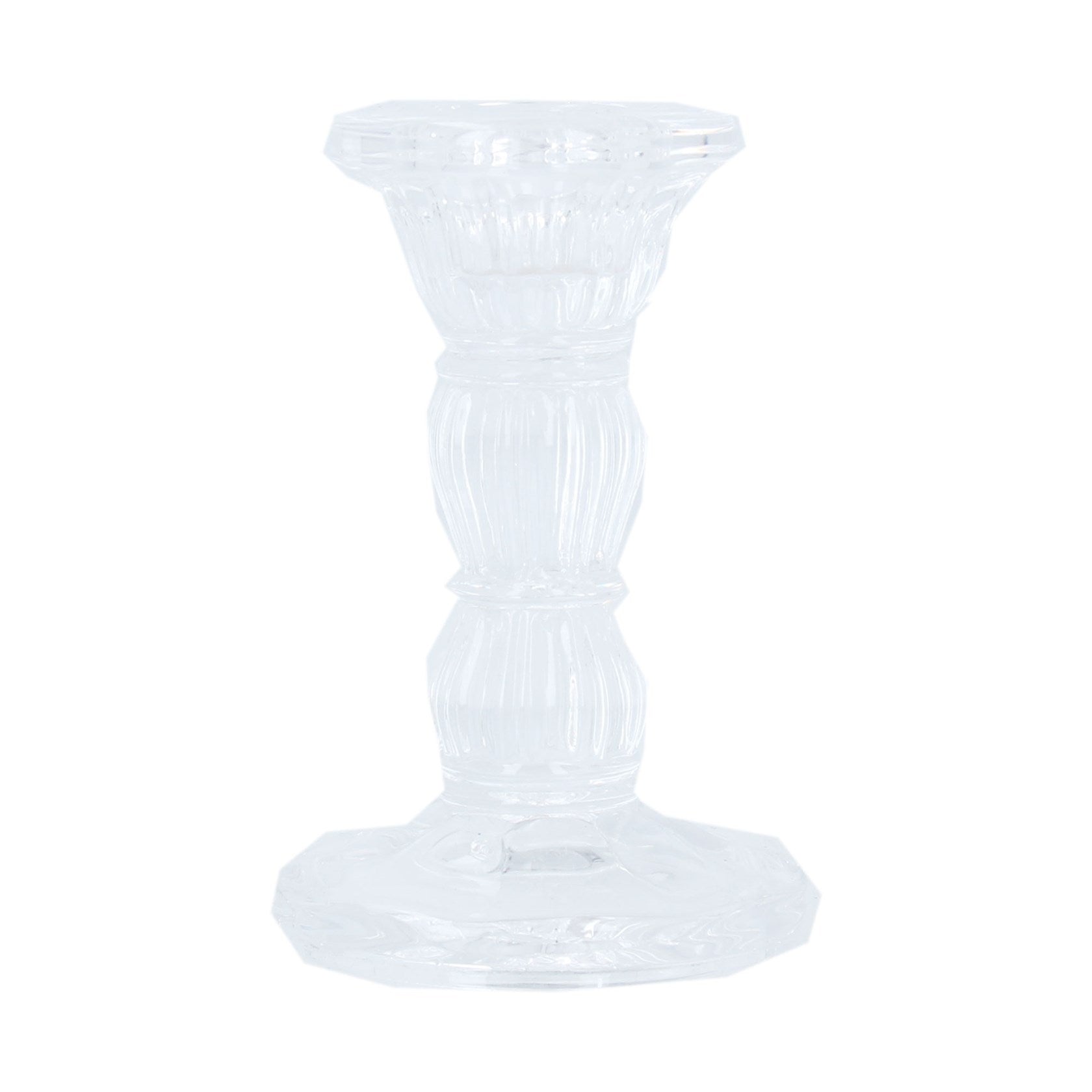 A clear glass candlestick holder with a vintage design, featuring a series of vertical ridges and a flared base.