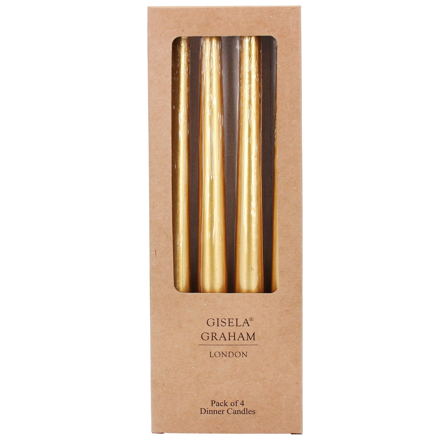 Pack of 4 gold dinner candles in a Gisele Graham London box on a white background
