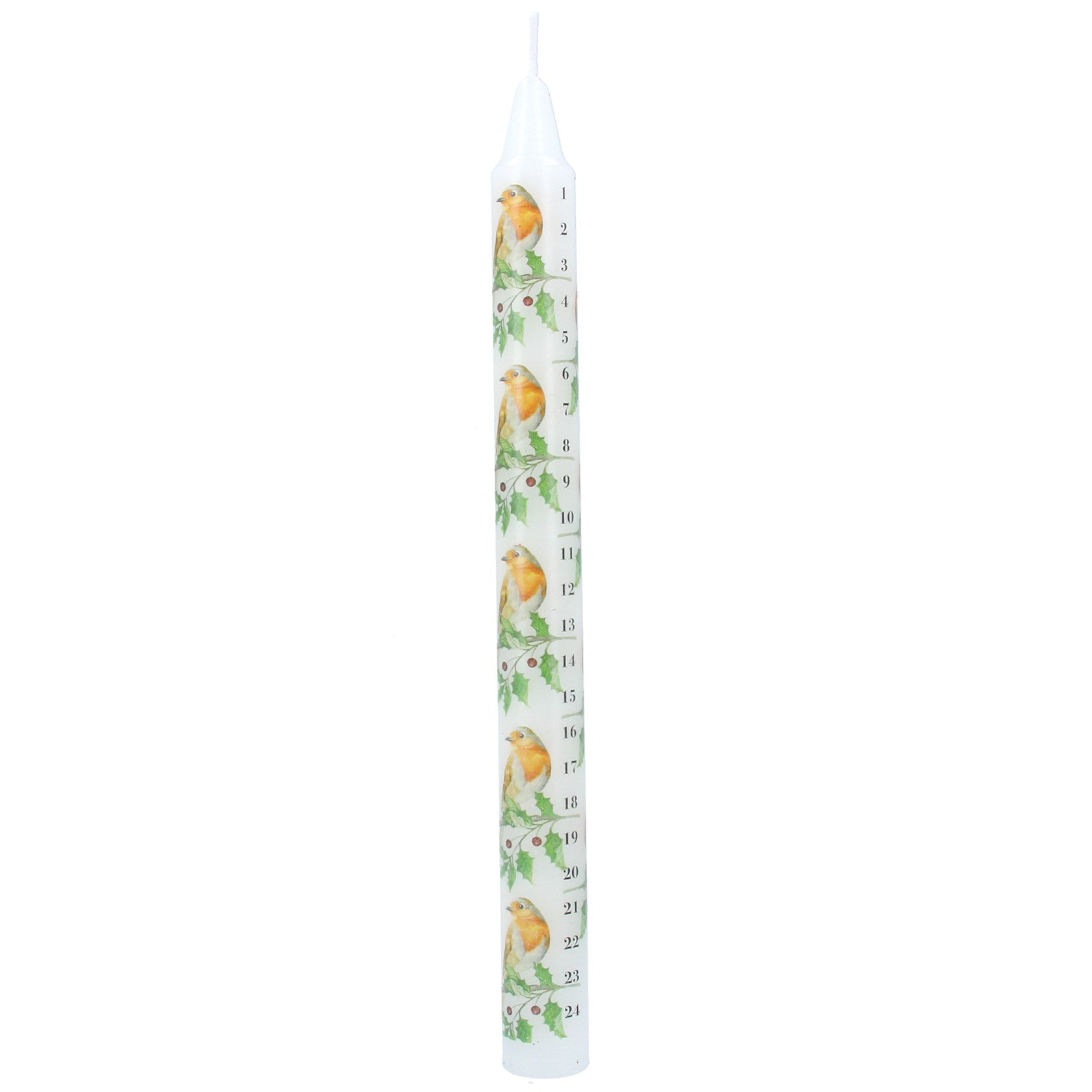 A tall, slender white taper advent candle printed with a repeating pattern of robins and holly and black numbers from 1 to 24