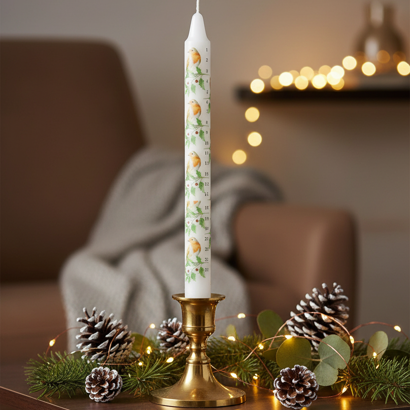 A tall white taper candle with a repeating green holly and gold ornament print stands in a brass candlestick holder on a table, surrounded by pine branches, pinecones, and warm string lights in a cozy indoor setting.