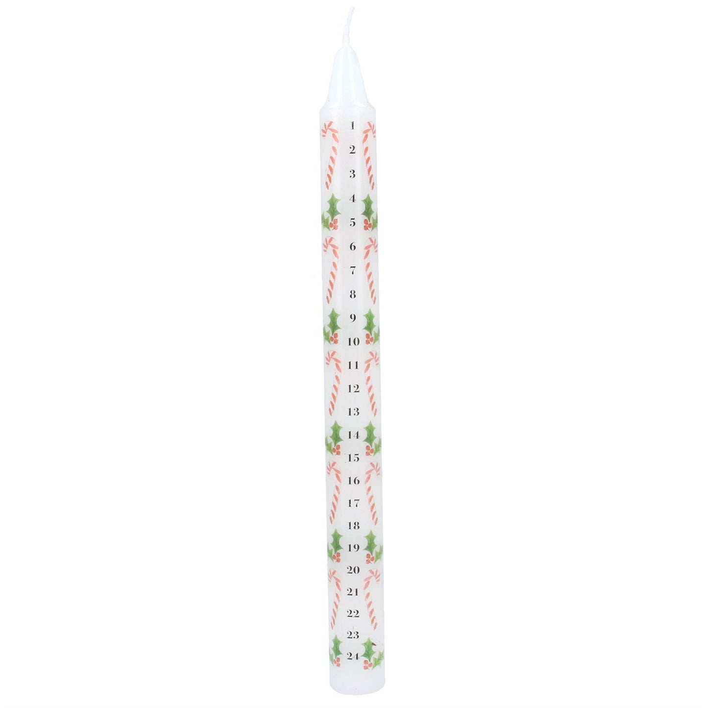 A single white taper candle with a vertical Christmas countdown design featuring green holly leaves, red candy canes, and black numbers from 1 to 24, shown on a plain white background.