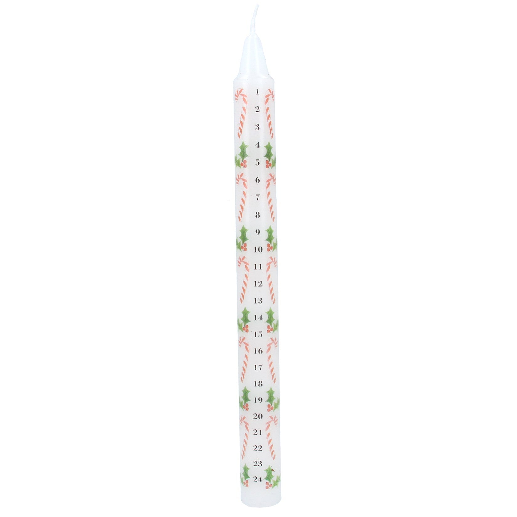 A single white taper candle with a vertical Christmas countdown design featuring green holly leaves, red candy canes, and black numbers from 1 to 24, shown on a plain white background.