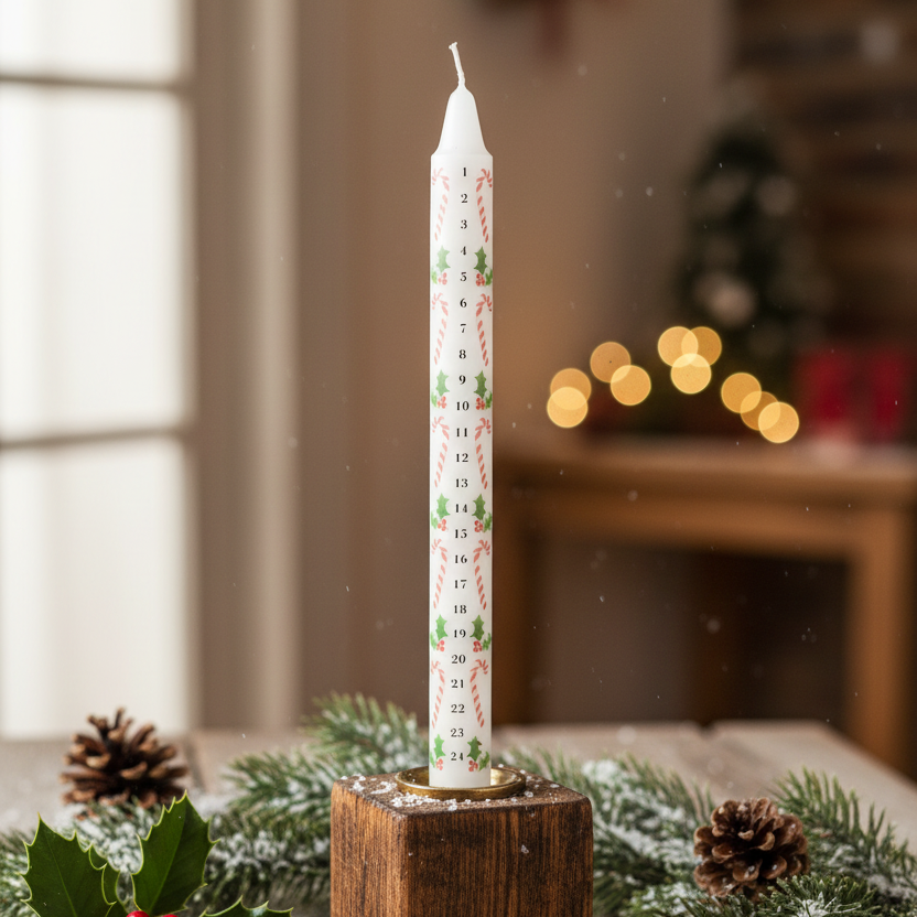 Candy Cane and Holly Advent Taper Christmas Candle