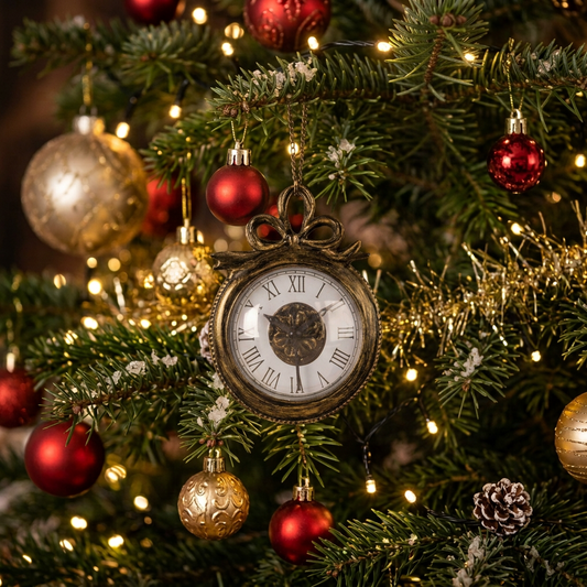 An antique-style clock with a decorative bow at the top, featuring a white face, black Roman numerals, and a bronze-toned frame, shown against a decorated Christmas tree