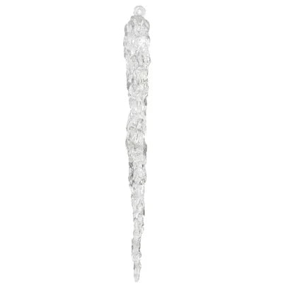 A transparent plastic decoration designed to resemble a frozen icicle, with a pointed tip and intricate detailing that mimics the natural formation of ice.