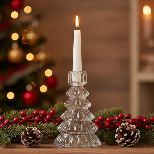 Clear glass candle holder with a lit candle on a table decorated with Christmas elements.