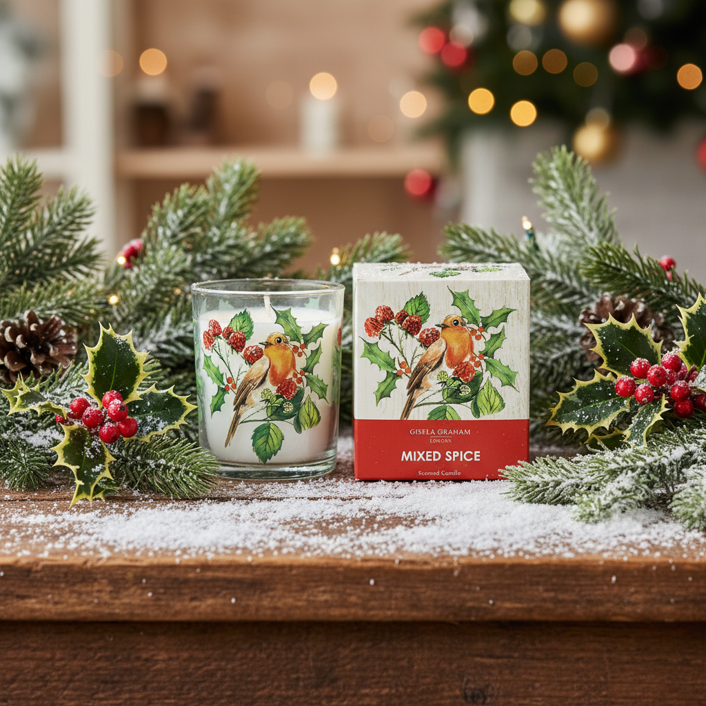 Robin and Berries Design Scented Christmas Candle