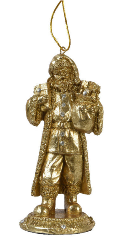 A gold-colored polyresin Santa Claus hanging decoration with a Christmas tree ornament design.