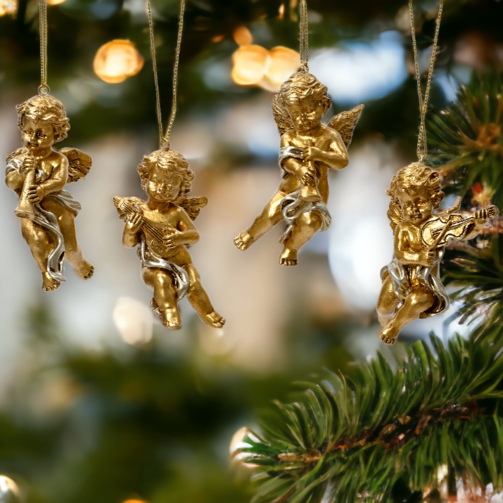 Set of 4 Gold and Silver Cherub Christmas Decorations