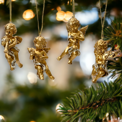 Set of 4 Gold and Silver Cherub Christmas Decorations