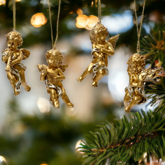 Set of 4 Gold and Silver Cherub Christmas Decorations