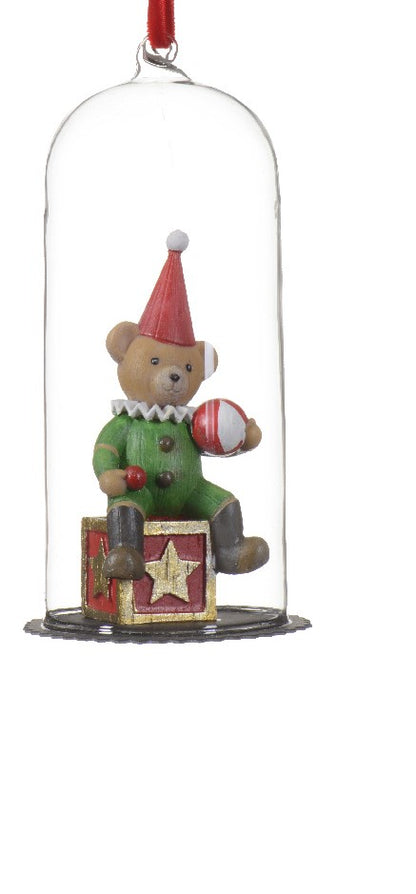 Hanging Glass Cloche with Teddy Bear Christmas Decoration