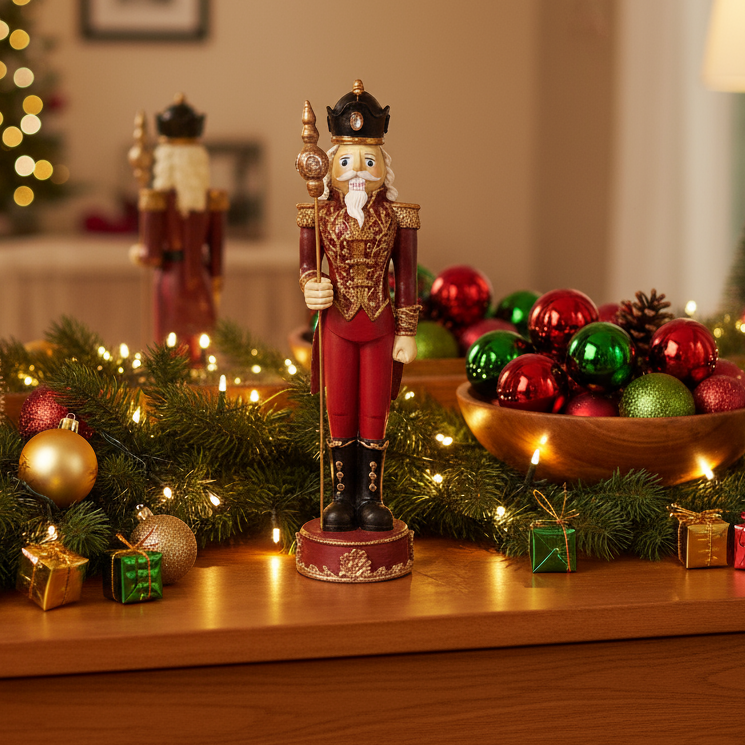 Decorative nutcracker figure on a Christmas-themed table with ornaments and lights.