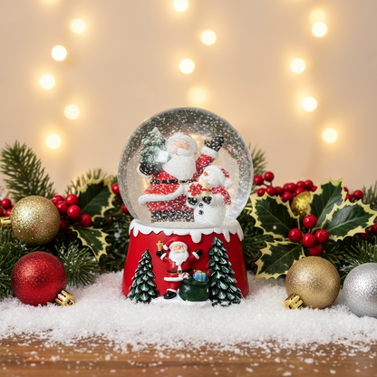 Christmas-themed snow globe with Santa Claus and snowman on a decorative background with lights and ornaments.
