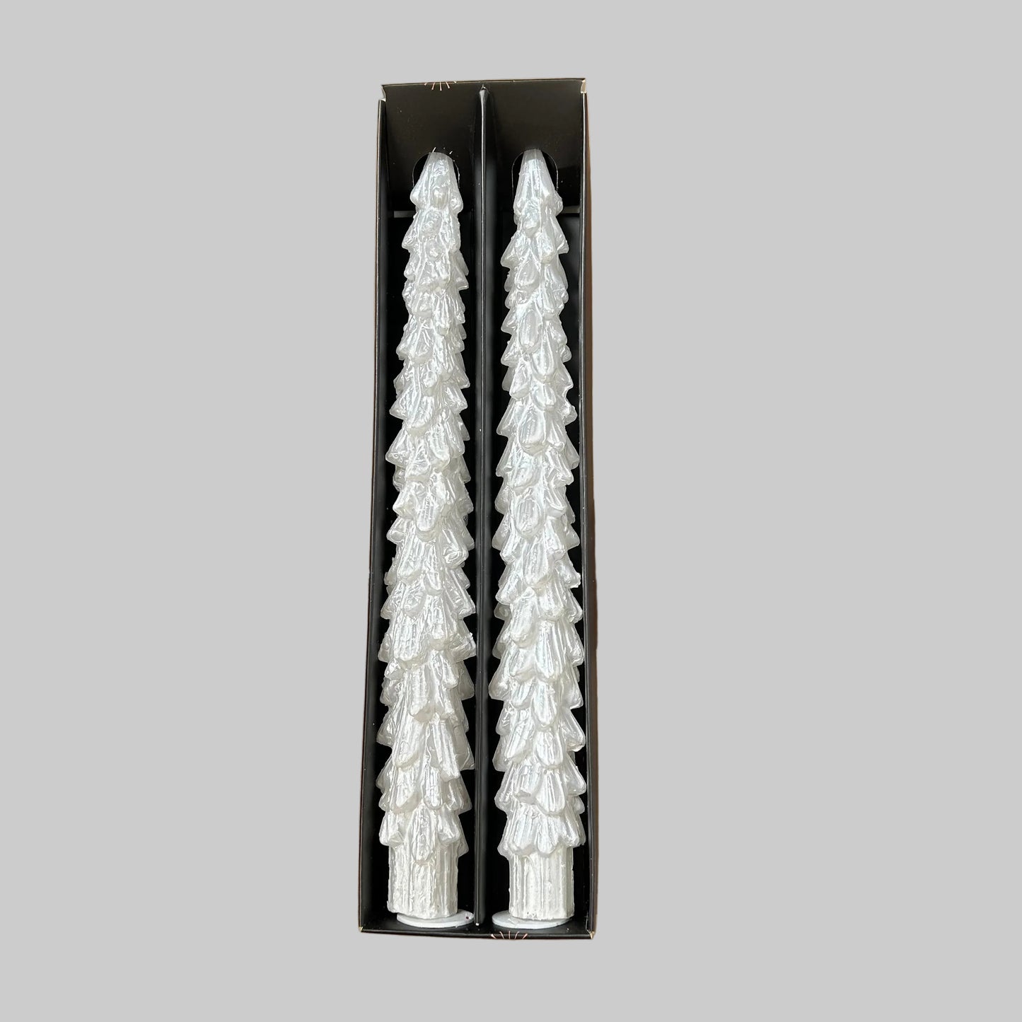 Set of 2 Metallic White Christmas Tree Dinner Candles