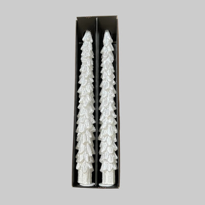 Set of 2 Metallic White Christmas Tree Dinner Candles