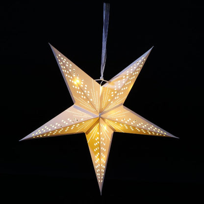 Star-shaped 3D paper lantern with a warm glow on a black background