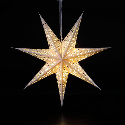 A hanging LED paper star Christmas decoration with a dark background, featuring a geometric star shape with LED lights.