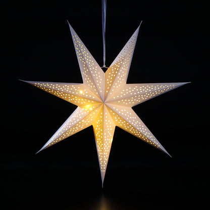 A 60cm LED paper star with a hanging ribbon, featuring 20 warm white LED lights, designed for indoor use as a festive decoration.