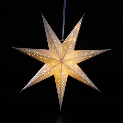 Star-shaped 3D paper lantern with cut-out design on a black background