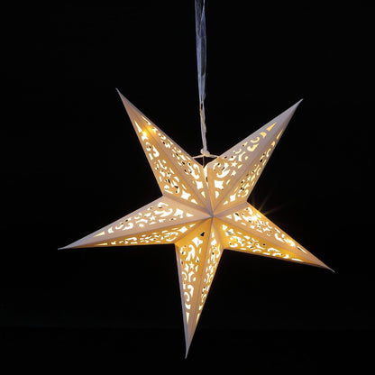 A 40cm LED paper shining star Christmas decoration with warm white LED lights, hanging from a ribbon against a dark background.