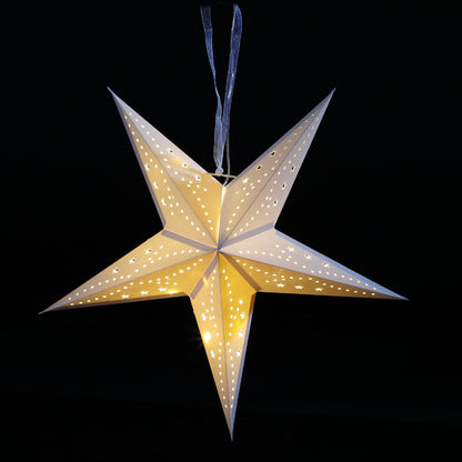Star-shaped 3D paper lantern with a warm glow on a black background