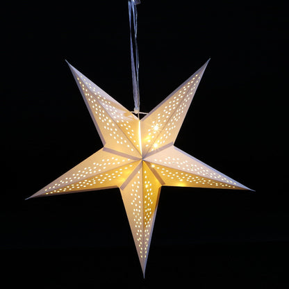 A 40cm LED North Star Paper Christmas Decoration with a white hanging ribbon, featuring 15 warm white LED lights.