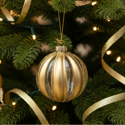 Gold Stripe Ribbed Glass Christmas Bauble