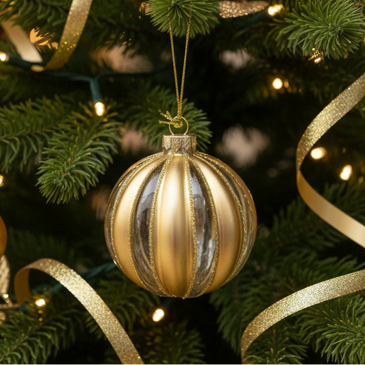 Gold Stripe Ribbed Glass Christmas Bauble