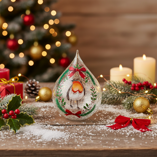 A teardrop-shaped clear glass Christmas ornament featuring a painted robin bird, green holly leaves, red bows, and gold accents, displayed on a rustic wooden table surrounded by holiday decorations, candles, pinecones, and a blurred Christmas tree in the background.
