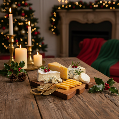 A styled holiday cheese and charcuterie spread on a wooden board, set on a rustic table with lit candles, pinecones, holly, and a blurred Christmas fireplace in the background.